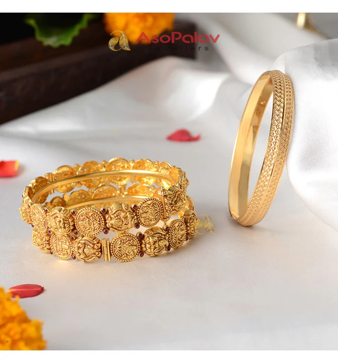 22K Gold Lakshmi Couple Bangles Set with Ruby Accents | Asopalav Jewellers